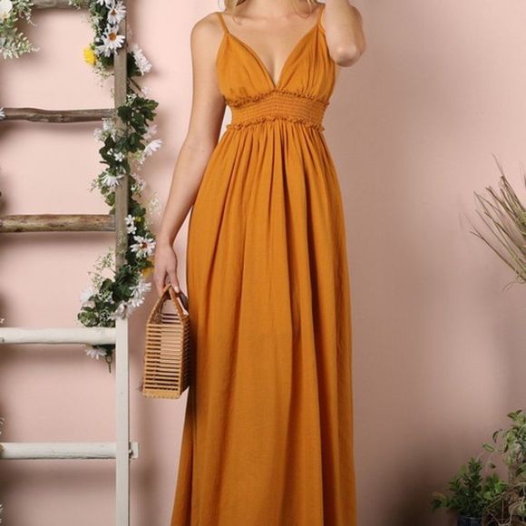 Ninexis Plus Smocking Waist Golden Sun Maxi Dress with Adjustable Strap Size 1X - Picture 8 of 11
